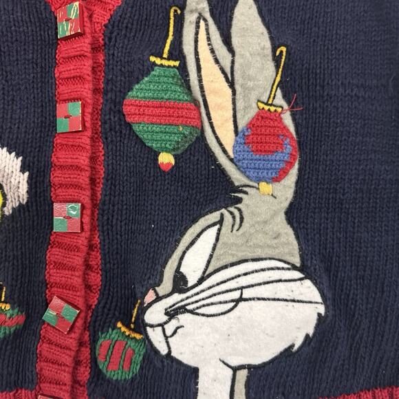 Vtg 1995 Looney Tunes Tweety Bugs Bunny Christmas HandKnit Sweater Vest Size L - Picture 3 of 9